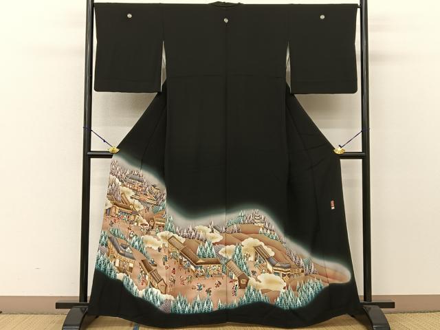 平和屋着物■豪華黒留袖　作家物　駒刺繍　人物風景文　暈し染め　金彩　正絹　逸品　BAAV2466hj