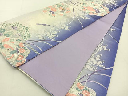 平和屋着物◎六通柄袋帯 唐織 鶴 花絵皿 銀糸 正絹 逸品 BAAV2679hj