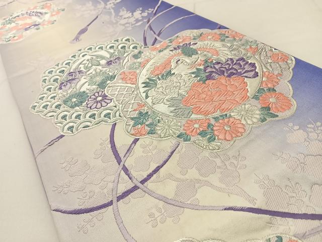 平和屋着物◎六通柄袋帯 唐織 鶴 花絵皿 銀糸 正絹 逸品 BAAV2679hj