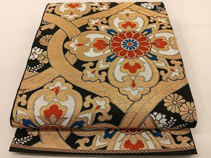 平和屋着物◎六通柄 本袋帯 唐織 錦華織 正倉院 黒地 金糸 正絹 逸品 BAAV2683hj