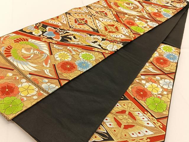 平和屋着物◎六通柄袋帯 唐織 鳳凰菱天井花文 黒地 金銀糸 正絹 逸品 BAAV2687hj