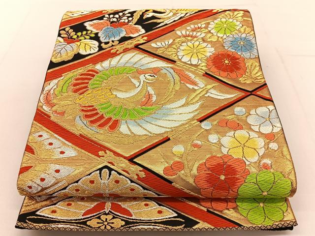 平和屋着物◎六通柄袋帯 唐織 鳳凰菱天井花文 黒地 金銀糸 正絹 逸品 BAAV2687hj