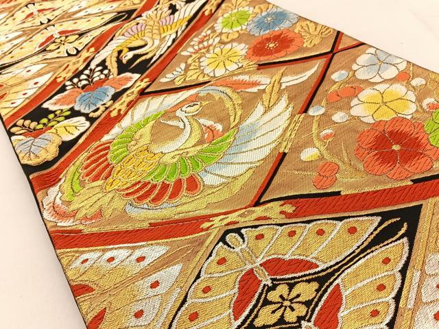 平和屋着物◎六通柄袋帯 唐織 鳳凰菱天井花文 黒地 金銀糸 正絹 逸品 BAAV2687hj