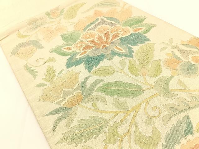 平和屋着物◎太鼓柄袋帯 銀駒刺繍 綴れ 更紗花文 正絹 逸品 BAAV2701hj