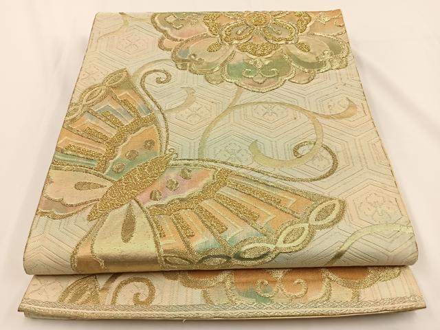 平和屋着物◎六通柄袋帯 花蝶文 金糸 正絹 逸品 BAAV2707hj
