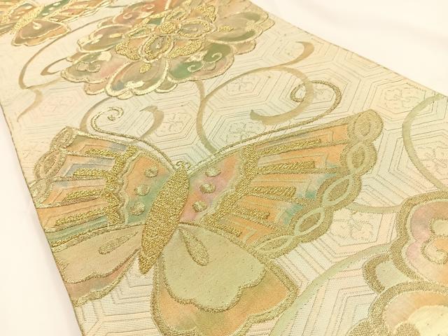 平和屋着物◎六通柄袋帯 花蝶文 金糸 正絹 逸品 BAAV2707hj