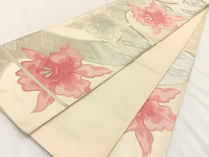 平和屋着物◎六通柄袋帯 唐織 カトレア 銀糸 正絹 逸品 BAAV2710hj