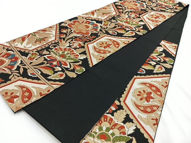平和屋着物◎六通柄 本袋帯 更紗花唐草文 黒地 金糸 正絹 逸品 BAAV2722hj