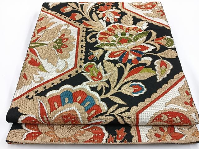 平和屋着物◎六通柄 本袋帯 更紗花唐草文 黒地 金糸 正絹 逸品 BAAV2722hj