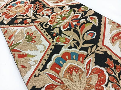 平和屋着物◎六通柄 本袋帯 更紗花唐草文 黒地 金糸 正絹 逸品 BAAV2722hj