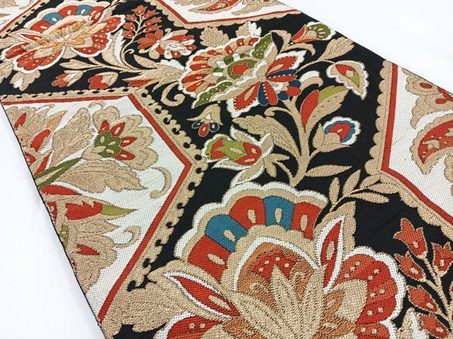 平和屋着物◎六通柄 本袋帯 更紗花唐草文 黒地 金糸 正絹 逸品 BAAV2722hj