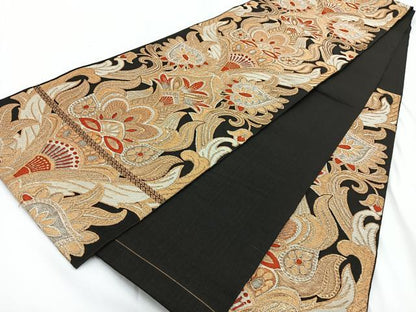 平和屋着物◎六通柄 本袋帯 更紗花文 黒地 金銀糸 正絹 逸品 BAAV2724hj