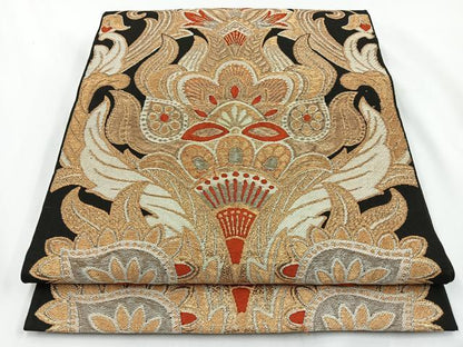 平和屋着物◎六通柄 本袋帯 更紗花文 黒地 金銀糸 正絹 逸品 BAAV2724hj
