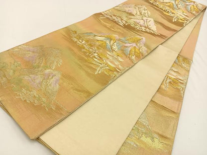 平和屋着物◎六通柄袋帯 遠山風景文 金糸 正絹 逸品 BAAV2738hj