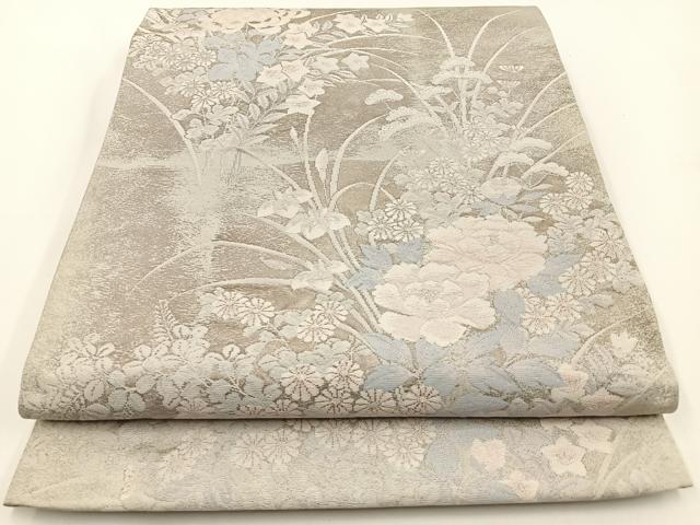 平和屋着物◎六通柄袋帯　草花文　銀糸　正絹　逸品　BAAV2740hj