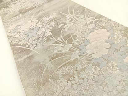 平和屋着物◎六通柄袋帯　草花文　銀糸　正絹　逸品　BAAV2740hj