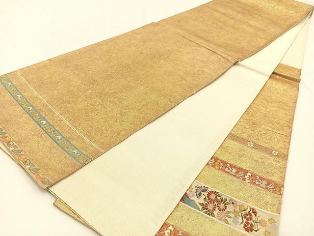 平和屋着物◎太鼓柄袋帯 横段花蝶文 金銀糸 引箔 正絹 逸品 BAAV2782hj