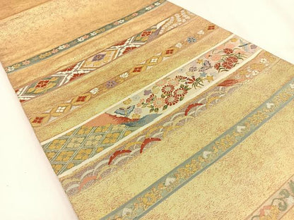 平和屋着物◎太鼓柄袋帯 横段花蝶文 金銀糸 引箔 正絹 逸品 BAAV2782hj