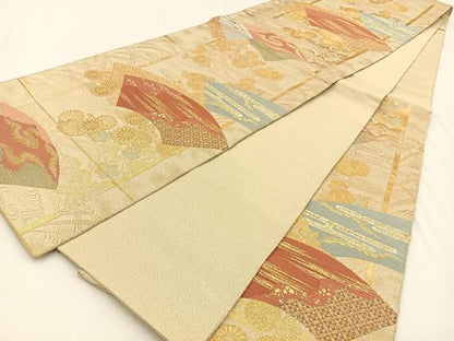 平和屋着物◎六通柄袋帯 刻絑織 地紙花文 金糸 金通し地 正絹 逸品 BAAV2785hj