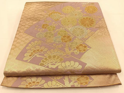 平和屋着物◎六通柄袋帯 扇面花文 金銀糸 正絹 逸品 BAAV2794hj