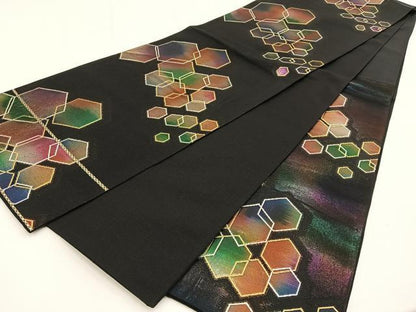 平和屋着物◎六通柄袋帯 亀甲文様 黒地 金銀糸 引箔 正絹 逸品 BAAV2797hj