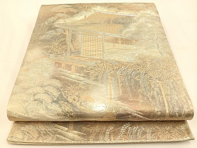 平和屋着物◎六通柄袋帯 風景文 京洛錦 金銀糸 二重引箔 正絹 逸品 BAAV2804hj
