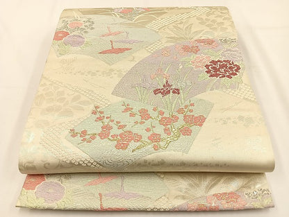 平和屋着物◎六通柄袋帯 唐織 地紙飛鶴花文 金銀糸 正絹 逸品 BAAV2805hj
