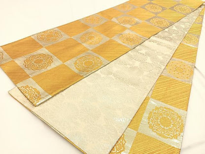 平和屋着物◎両面　全通柄袋帯　市松正倉院文　金銀糸　正絹　逸品　BAAV2807hj