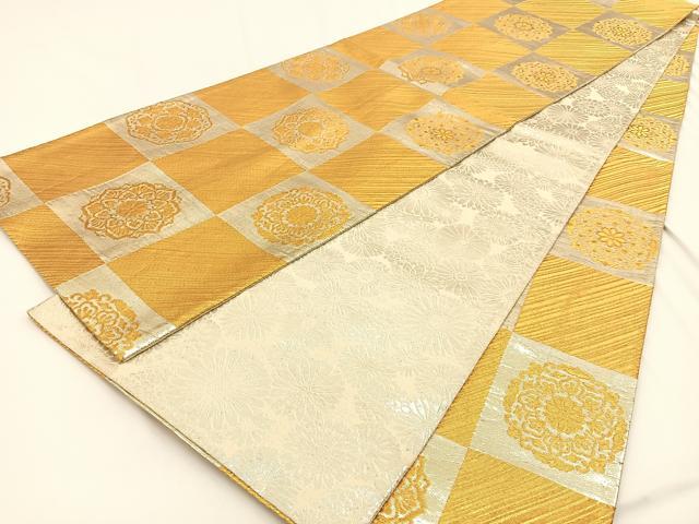 平和屋着物◎両面　全通柄袋帯　市松正倉院文　金銀糸　正絹　逸品　BAAV2807hj