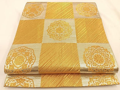 平和屋着物◎両面　全通柄袋帯　市松正倉院文　金銀糸　正絹　逸品　BAAV2807hj