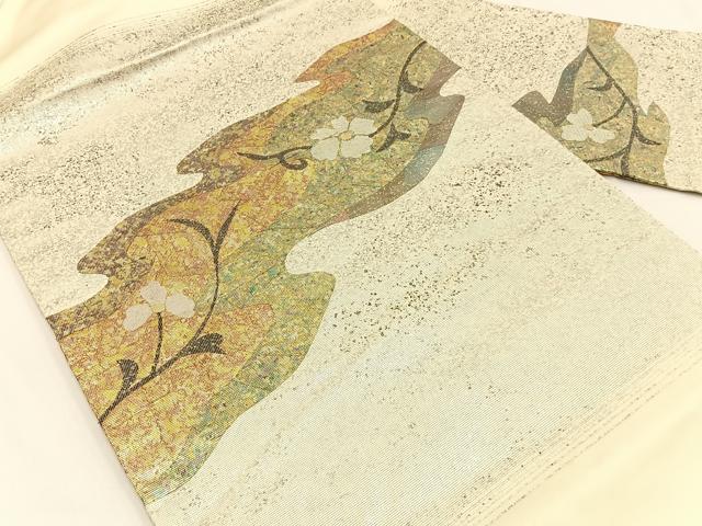 平和屋着物◎九寸名古屋帯　草花文　金銀彩　引箔　正絹　逸品　BAAV2821hj
