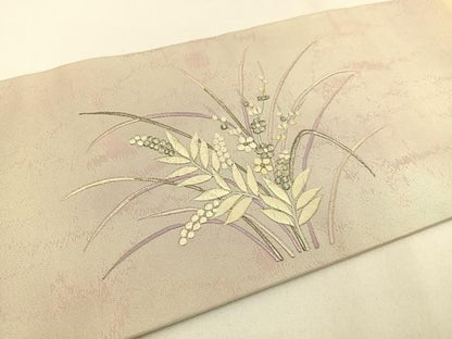 平和屋着物◎九寸名古屋帯　総刺繍　草花文　銀糸　引箔　正絹　逸品　BAAV2825hj