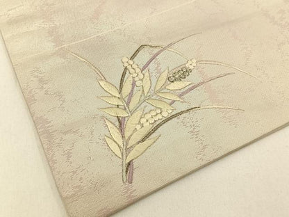 平和屋着物◎九寸名古屋帯　総刺繍　草花文　銀糸　引箔　正絹　逸品　BAAV2825hj