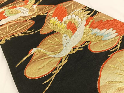 平和屋着物◎六通柄袋帯　唐織　飛鶴松文　黒地　金銀糸　正絹　逸品　BAAV2828hj