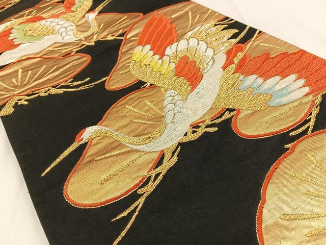 平和屋着物◎六通柄袋帯　唐織　飛鶴松文　黒地　金銀糸　正絹　逸品　BAAV2828hj