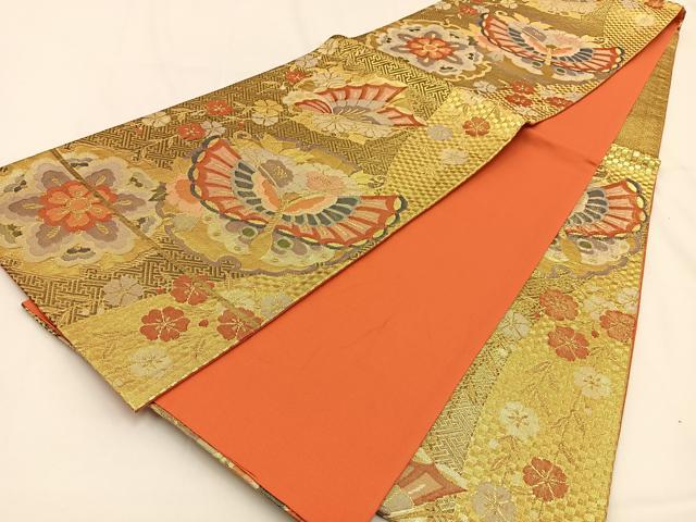 平和屋着物◎本佐賀錦　六通柄袋帯　雪輪花蝶文　金糸　正絹　逸品　BAAV2832hj