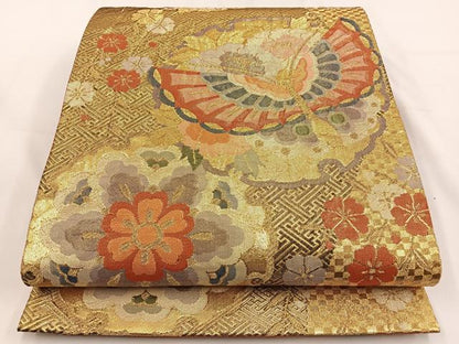 平和屋着物◎本佐賀錦　六通柄袋帯　雪輪花蝶文　金糸　正絹　逸品　BAAV2832hj