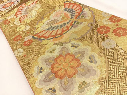 平和屋着物◎本佐賀錦　六通柄袋帯　雪輪花蝶文　金糸　正絹　逸品　BAAV2832hj