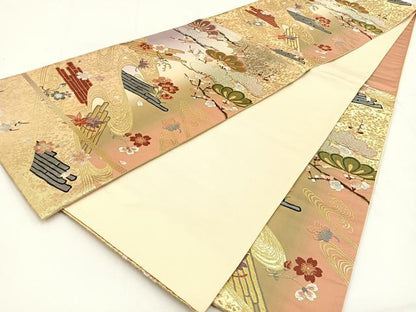平和屋着物◎六通柄袋帯 唐織 花筏 金糸 正絹 逸品 BAAV2839hj