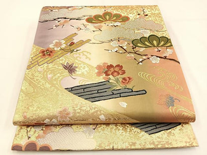 平和屋着物◎六通柄袋帯 唐織 花筏 金糸 正絹 逸品 BAAV2839hj