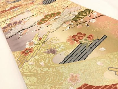 平和屋着物◎六通柄袋帯 唐織 花筏 金糸 正絹 逸品 BAAV2839hj