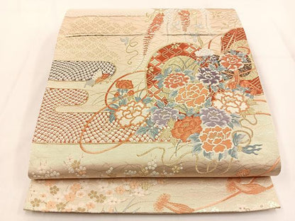 平和屋着物◎六通柄袋帯 唐織 鼓錦花車文 金糸 正絹 逸品 BAAV2842hj