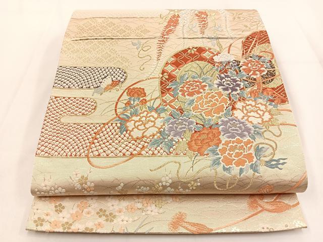 平和屋着物◎六通柄袋帯 唐織 鼓錦花車文 金糸 正絹 逸品 BAAV2842hj