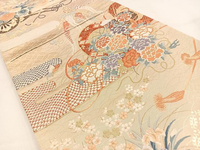 平和屋着物◎六通柄袋帯 唐織 鼓錦花車文 金糸 正絹 逸品 BAAV2842hj