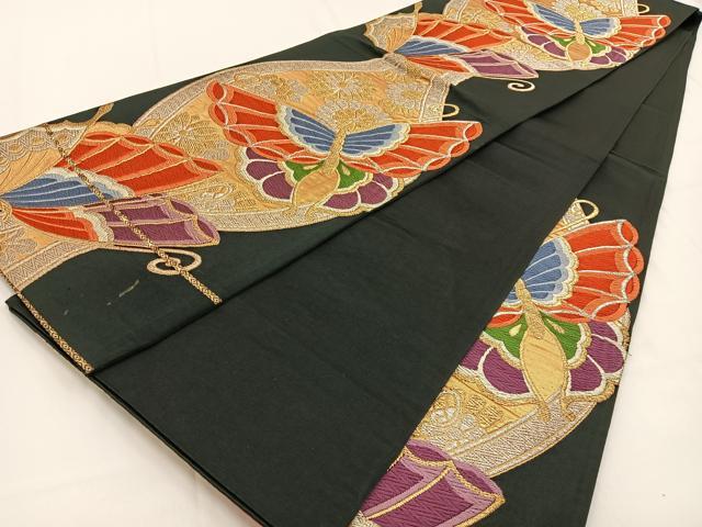 平和屋着物◎六通柄袋帯 唐織 立涌花蝶文 黒地 金銀糸 正絹 逸品 BAAV2843hj