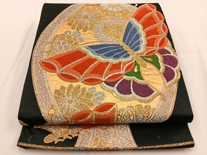 平和屋着物◎六通柄袋帯 唐織 立涌花蝶文 黒地 金銀糸 正絹 逸品 BAAV2843hj