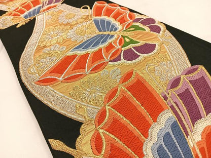 平和屋着物◎六通柄袋帯 唐織 立涌花蝶文 黒地 金銀糸 正絹 逸品 BAAV2843hj
