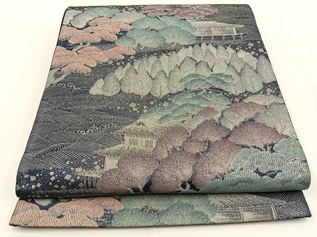 平和屋着物◎六通柄袋帯 風景文 銀糸 正絹 逸品 BAAV2853hj