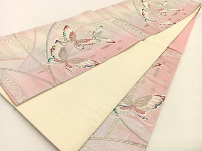 平和屋着物◎六通柄袋帯　舞蝶文　銀糸　正絹　逸品　BAAV2854hj