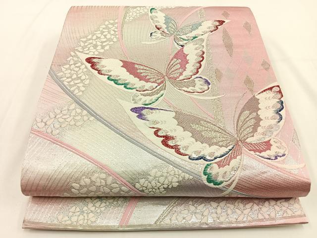 平和屋着物◎六通柄袋帯　舞蝶文　銀糸　正絹　逸品　BAAV2854hj